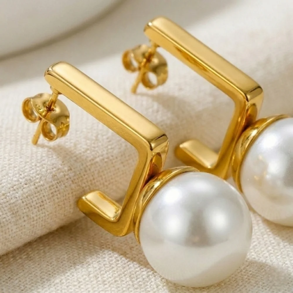 18K Gold Plated Steel Pearl Drop Earrings Geometric Rectangle C-Hoop Modern Stud